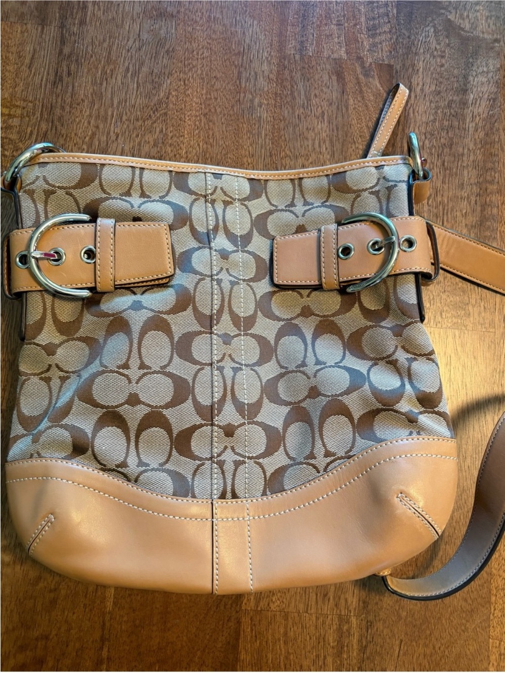 Coach #186 SoHo Beige Signature Canvas Crossbody with Tan Leather Trim